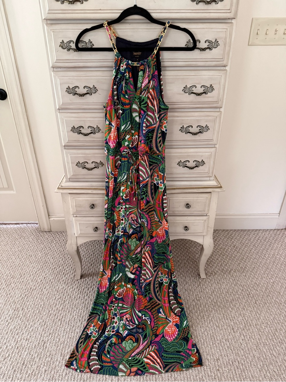 Laundry By Shelli Segal Multicolor Tropical Print Chain Halter Keyhol Maxi Dress